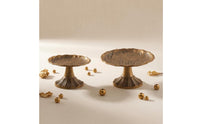 2 Pieces Pedestal Tray Antique Aged Metal Round Tray Leaf-Like rims House Decorative Touch