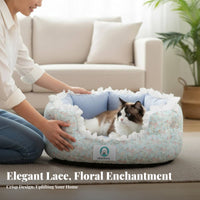 Floral Print Bed with Lace Trim All-Season Use Pet Supplies Soft Pet Bed for Feline Owners, Indoors, Living Room, Bedroom