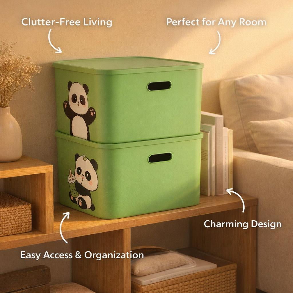 Stackable Storage Boxes with Lid, Cute Panda Cartoon Desktop Organizer Box for Bedroom Living Room Study Office, Large Capacity 18L