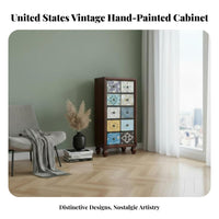 Colorful Painted Finish Multi-Color Apothecary Chest space-efficient Footprint Accent Cabinet Distressed Look Storage Furniture Vintage design for Apartment Dwellers, Homeowners, Interior Decorators, Entryway, Living Room, Bedroom, Hallway