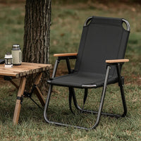 Foldable Camping Chair with Wooden Armrests Close-to-Ground Folding Chair with Steel Frame Collapsible Compact for Campers, Anglers, Backyard, Beach, Fishing