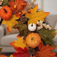 Artificial Fall Wreath with Pumpkins Full Maple Leaf Wreath with Pinecones Textured Farmhouse for Homeowners, Decorators, Entryway, Thanksgiving