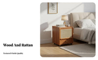 Mobile with Wheels Rattan Nightstand Narrow Design Rolling Rattan-Front Cabinet Small Footprint Bedroom Furniture Solid Wood Legs for Apartment Dwellers, Homeowners, Students, Dorm Room, Hallway, Away Ice