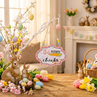 Easter Decorations, Happy Easter Hanging Sign, Beaded Easter Door Hanger Farmhouse Aesthetic Wooden Easter Decoration Handcrafted Plaid Border Hanging Sign for Families, Porch, Mantelpiece