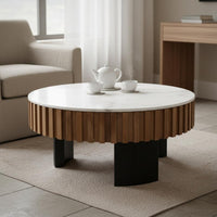 2 Pieces Light Luxury Design Wood and Stone Coffee Table Set Multi-Material Round Coffee Table Set for Lounge Area