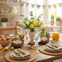 2 Pack Wooden Easter Bunny Decorations, Rustic Rabbit Figurines with Pastel Fabric & Jute Bows, Standing Table Ornaments for Spring Home Decor, Mantelpiece, Office & Tiered Tray
