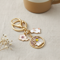 Japanese Style Cherry Blossom Cat and Rabbit Alloy Keychain