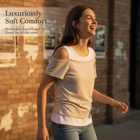 Lyocell Tencel Overlay Asymmetrical Cold Shoulder Top with Inner Cotton Blend