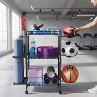 Movable Mobile Gym Equipment Rack Large Capacity Exercise Mat Rack Wheels Multi-Tier Sports Organizer Space-Saving for Fitness Room, Garage