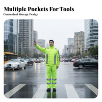 Long-Lasting Reflective Rain Suit Windproof High Visibility Rain Suit Adjustable Fit Fluorescent Safety Jacket and Pants Taped Sealed Seams for Road Workers, Emergency Responders, Cyclists, Roadside Work, Construction Sites