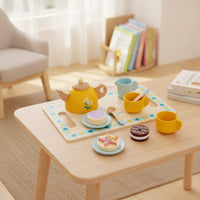 Wooden Tea Set with Tray Natural Tea Party Set with Dessert Pieces Toy Playful Smooth for Children, Playroom, Preschool