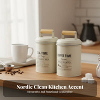 3 Pieces Metal Canister Wooden Handle Sealed Lid Tea Beverage Sweetener Canister Set Airtight Farmhouse Kitchen Jar Set