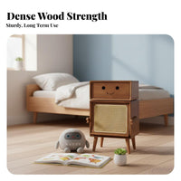 Rattan Drawer Front Robot-Shaped Side Table Space-Saving Design Multi-Compartment Side Cabinet space-efficient Size Nightstand adaptable Use for Children, Families, Homeowners, kid's Room, Playroom, Home Office, Entryway