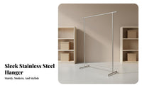 Brushed Finish Stainless Steel Clothing Rack Rust Resistant Rolling Clothes Display Stand Modern Industrial Design Metal Garment Rack on Wheels Heavy Duty for Retail Shop Owners, Apartment Dwellers, Showroom, Dormitory, Bedroom, Living Room
