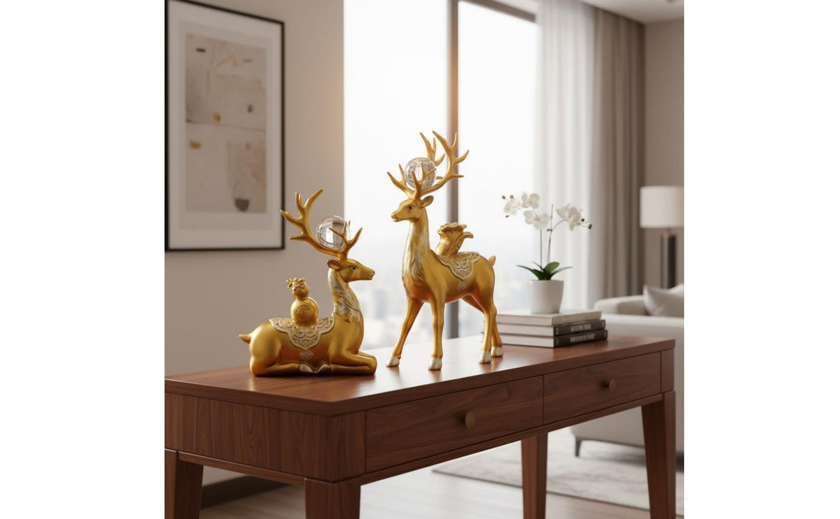 2 Pieces Light Luxury Design Aesthetic Resin Deer Statue Set Auspicious Gift Resin Deer Sculpture Set Luxurious Design for Entrance Hall