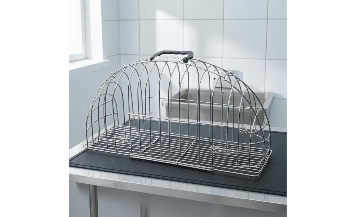 Stainless Steel Feline Washing Enclosure Double-Door Feline Bathing Enclosure Arched Wire-Frame Pet Drying Box Closely Spaced Rods for Veterinarians, Grooming Salon, Veterinary Medical Center