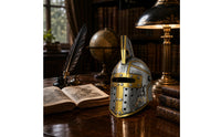 Raised Crest Spartan Helmet Statue Silver and Gold Antique-Style Helmet Ornament Distressed Finish Perforated Panels for Home Display