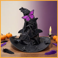 DIY Witch Hat with Butterflies Gothic Crumpled Witch Hat Satin Witches Cap Spooky for Cosplayers, Costume Parties, Photo Shoots