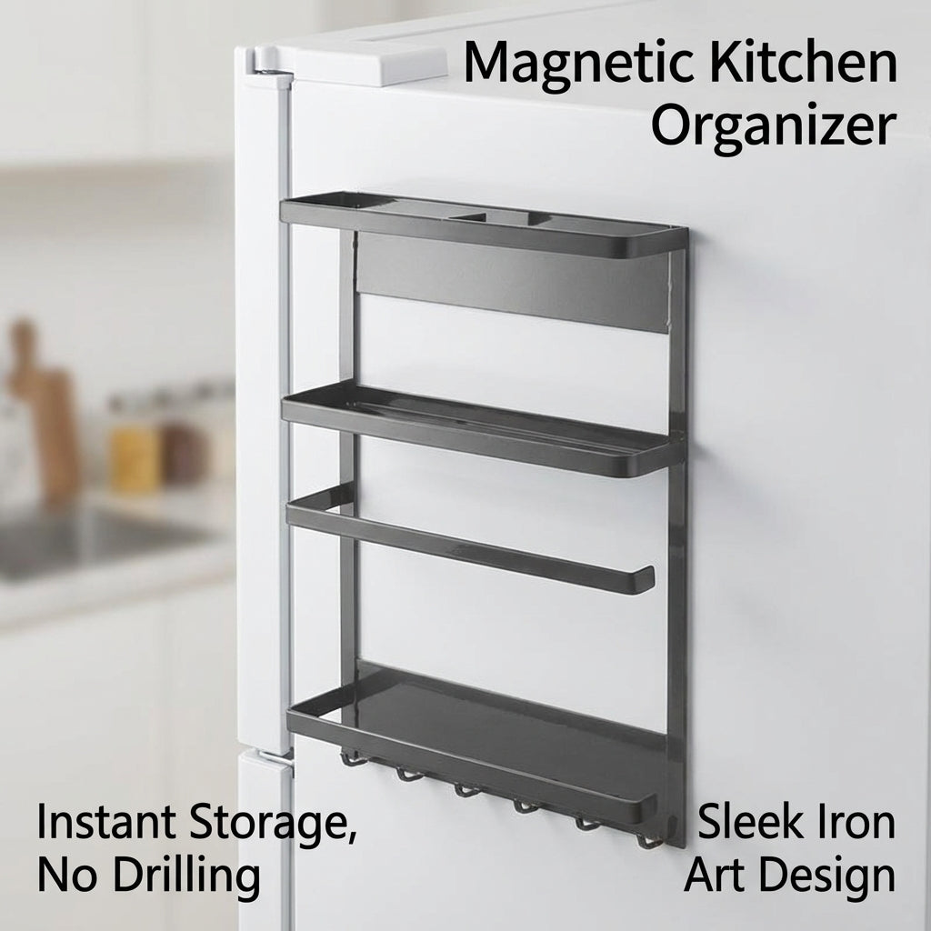 Bedroom Metal Fridge Organizer, 4 Tier Iron Art Wall for Kitchen Suction Cup Side Rack for Students, Space-Saving Storage Solution