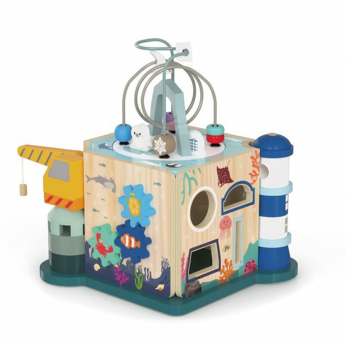 Ocean-Themed Wooden Activity Cube Educational Activity Cube with Bead Maze Compact Motor Skills Toy Developmental for Toddlers, Babies, Kids, Playroom, Daycare, Preschool