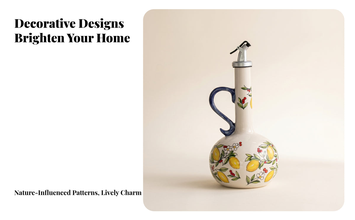 Hinged Lid Cap Ceramic Condiment Bottle Metal Spout Oil Bottle Underglaze-Painted Vinegar Pourer Floral