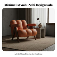Wabi-Sabi design Lowsilhouette Wooden Single-Seater full Wood Frame Upholstered Accent Armchair Small Space accommodating Lounge Chair space-efficient Size for Readers, Homeowners, Renters, Living Room, Bedroom, perusing corner, Balcony