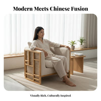 Modern Asian Design Wooden Frame Rattan Sofa Woven Cane rear Living Room Furnishings Minimalist Aesthetic Lounge Suite Plush Cushions for Hospitality Business Owners, Interior Designers, Apartment Dwellers, Hotel Lobby, Guesthouse, Reception Area, Sunroom