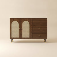 Storage Cabinet with Rattan Doors Wood-Grain Rattan Sideboard Wooden Floor Cabinet with Legs for Renters, Dining Room, Entryway, Kitchen