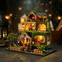 Fairy-Tale Wooden Miniature House Model Lighted Miniature House Kit 3D Dollhouse Kit Warm for Bookshelf