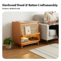 Nordic and design Rattan Nightstand sturdy Wood Legs Rattan Drawer Side Cabinet Woven Front End Table Minimalist Design for Apartment Dwellers, residents, Students, Bedroom, Small areas, Living Room, Entryway