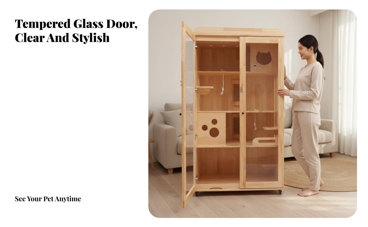 Jumbo Large Space Cabinetdesign Cat Shelter Transparent View Pet Furniture Multi-Level Design Indoor creature House Sturdy construction for felines, Indoors, Living Room, Bedroom, Office