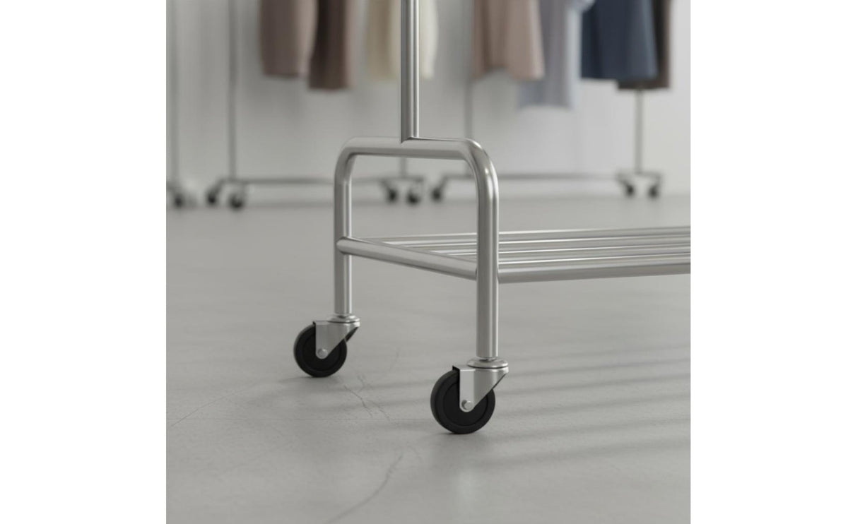 Brushed Finish Stainless Steel Clothing Display Stand Minimalist Design Mobile Garment Rack Heavy Duty Freestanding Closet Organizer for Entryway
