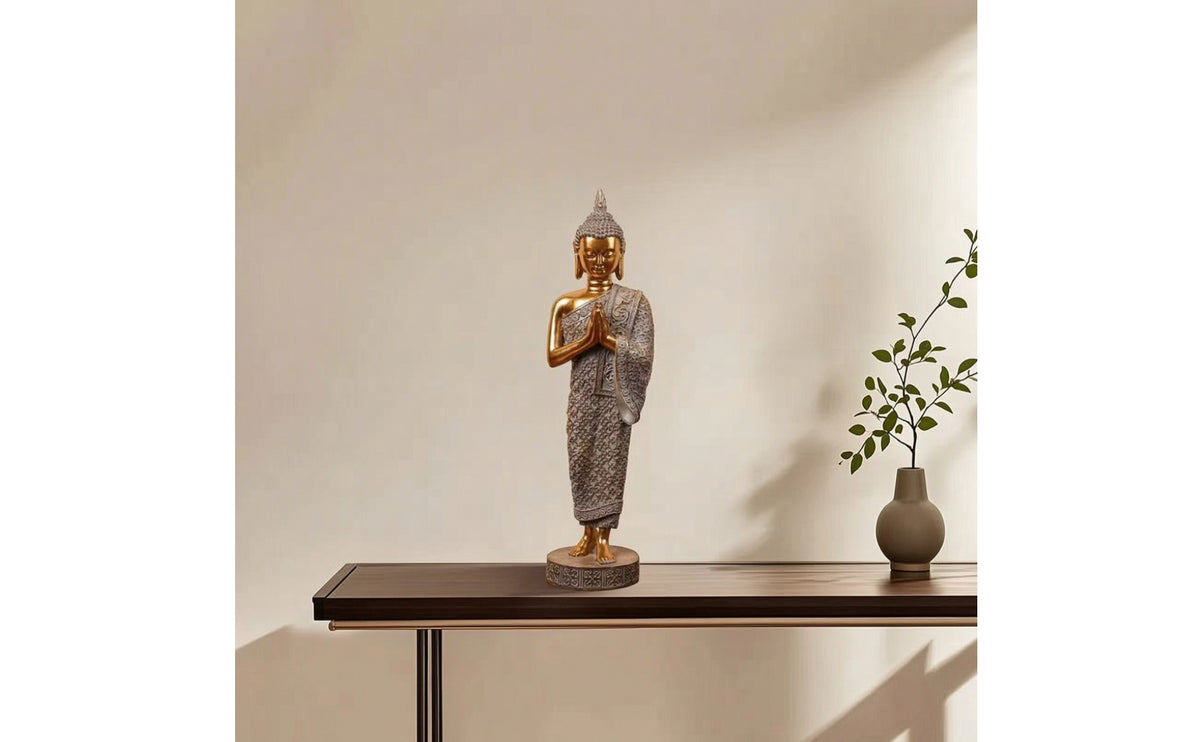 Buddha Statue with Pedestal Golden Standing Buddha Statue Peaceful Sculpture for Buddhists, Altar