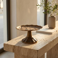 2 Pieces Pedestal Tray Antique Aged Metal Round Tray Leaf-Like rims House Decorative Touch