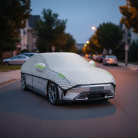 Padded Half Car Cover with Straps Quilted Car Half Cover Waterproof Wind-Resistant for Outdoor Parking