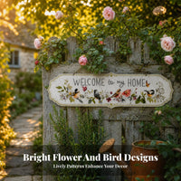 Floral and Bird Motif Metal Welcome Sign Scalloped Edges Hanging Welcome Plaque Gold-Tone Chain Hanging Wall Sign Pale Green Trim for Fence