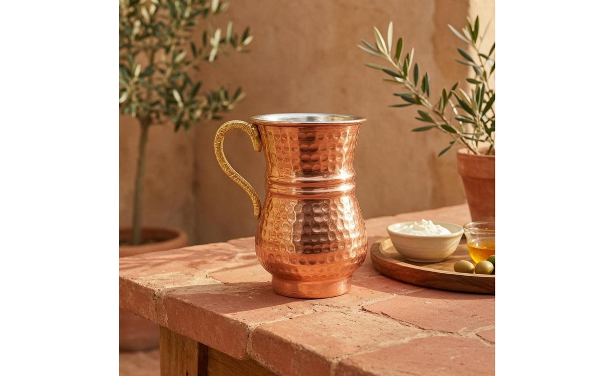 2 Pieces Hammered Copper Jug Waisted Shape Hammered Copper Vessel Metal Serving Pot Handmade Tableware Artisanal