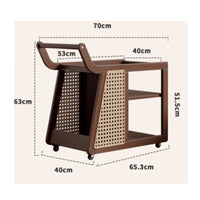 Solid Wood Mobile Side Table with Rattan Multi-Layer Storage Wooden Rolling Cart with Handle Movable 2-Tier Utility Trolley Large Capacity for Living Room, Kitchen, Home Bar