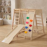 Climbing Play Structure with Slide Wood Wooden Climbing Frame with Swing Multifunctional Indoor Playground with Slide for Living Room, Nursery