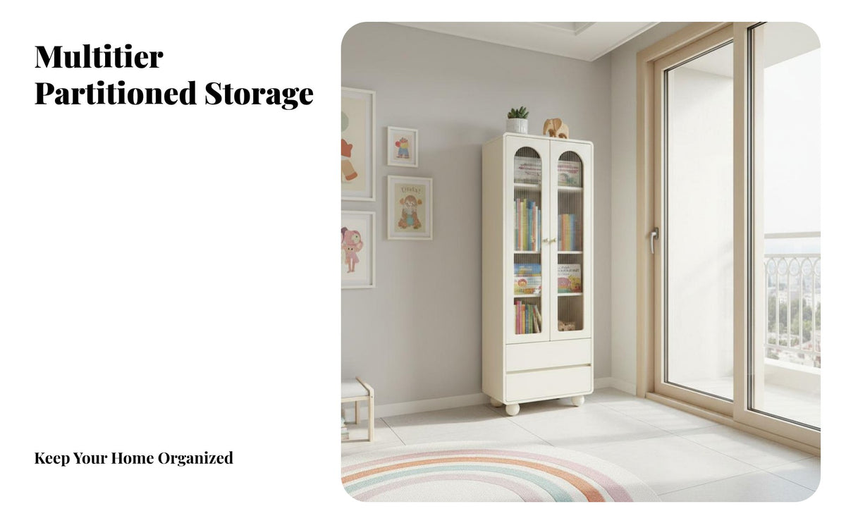 Fluted Glass Door Cabinet Cream Design Design Glass Door Storage Cabinet Ball-Shaped Feet Bookcase for Collectors, Homeowners, Living Room