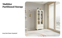 Fluted Glass Door Cabinet Cream Design Design Glass Door Storage Cabinet Ball-Shaped Feet Bookcase for Collectors, Homeowners, Living Room