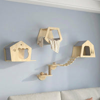 Cat Climbing Frame with House and Scratching Pad, Solid Wood Activity Centre and Playground, Wall Mounted Perch for Indoor Cats, 20kg Load