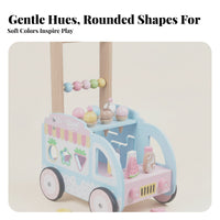 Pastel Blue and Pink Ice Cream Cart Stroller Pretend Play Ice Cream Cart Toy Decorative Cutouts Wooden Baby Stroller Bead Accents