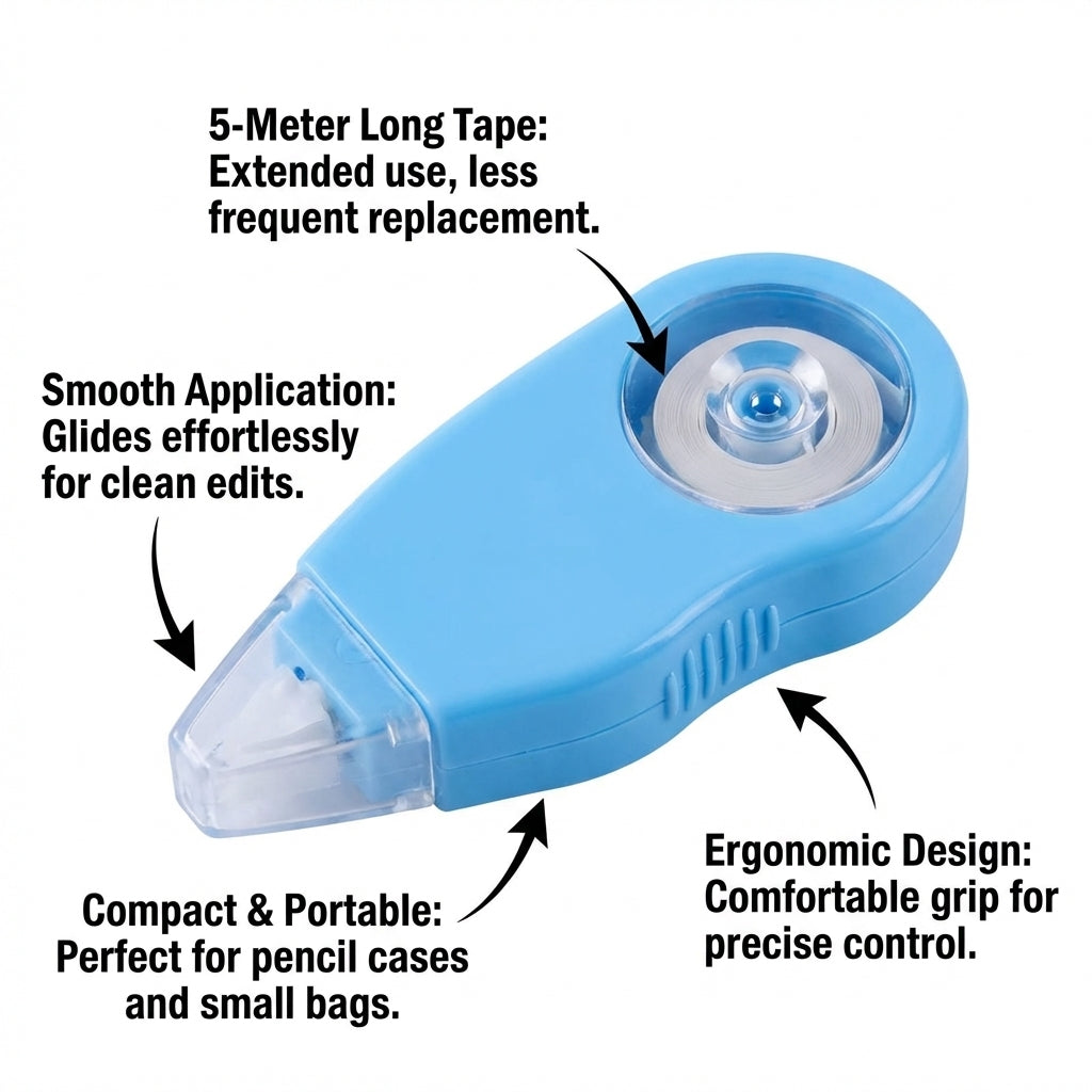 Correction Tape Roller for Students and Office, 5 Meter White Out Portable Desk Supplies, Long for Note Taking