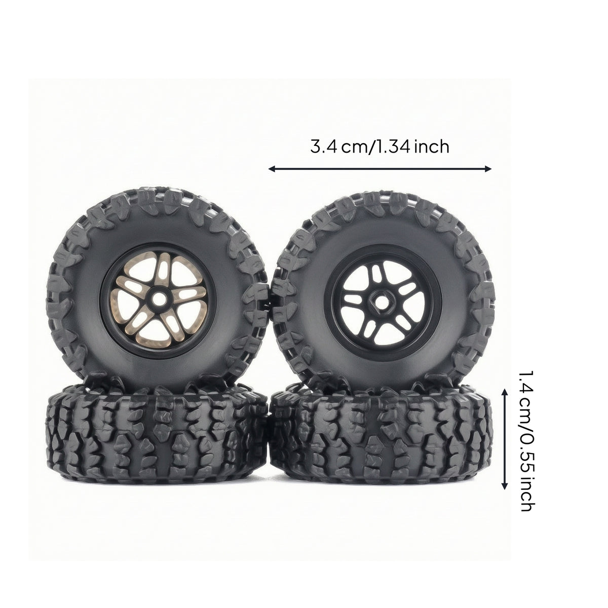 4 Pieces RC Crawler Tire with Metal Hub Rubber RC Crawler Wheel Assembly Replacement Wheel Rims with Tire for Trail Riding