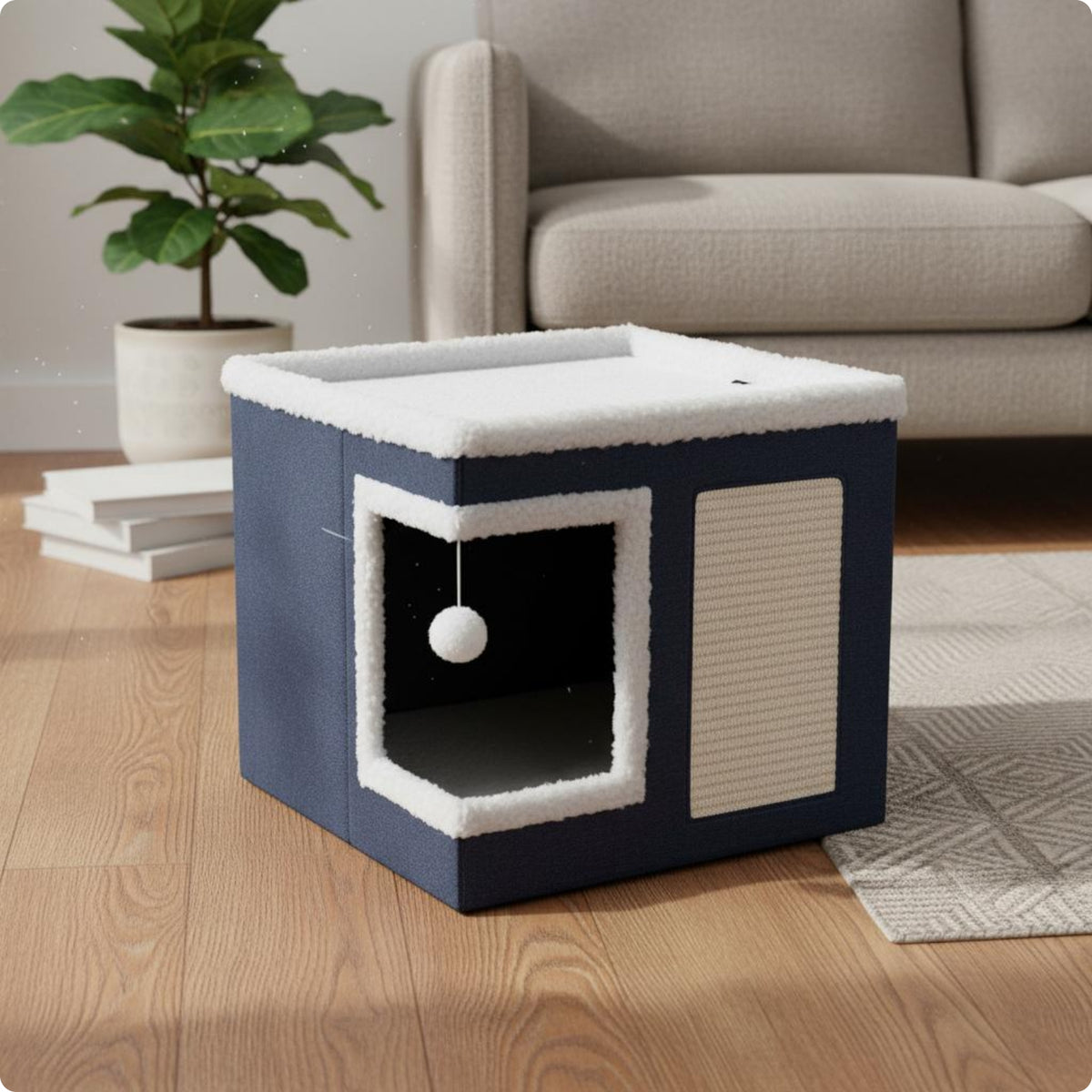 Cat House with Scratching Surface Square Shape Cat Bed House Breathable Animal Furniture for Cats, Indoor