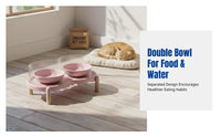 Ceramic Cat Food Bowl, Double Bowl, Anti-Spill, High Edge, Raised Stand, For Cats
