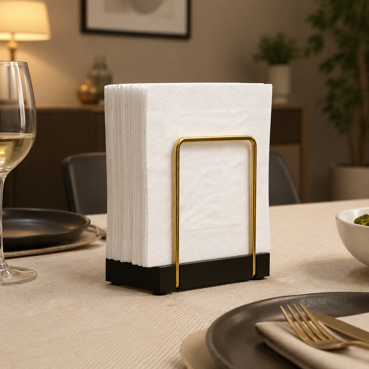 Square Napkin Holder, Metal Wood Serviette Holder for Dining Table, Modern Varnish Napkin Dispenser, 70 Count Upright Tableware