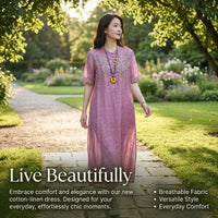 Summer Dresses for Women UK with Embroidered Detail, Linen Midi Dress with Short Sleeves, Loose for Beach Wear
