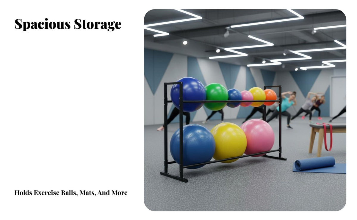 Space-Saving Exercise Ball and Mat Holder Sturdy Metal Frame Stretching Ball Storage Rack Large Capacity Multi-Tier Fitness Shelf for Pilates Studio